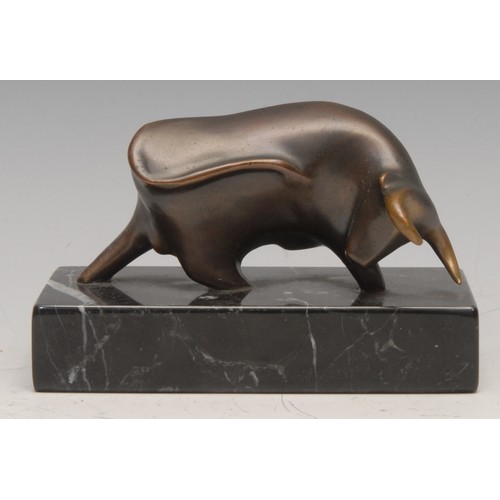 3635 - A dark patinated bronze stylised bull model, signed in the maquette, Jill Sanders, 67/100, marble ba... 