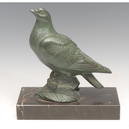 3206 - A spelter verdigris model of a pigeon, rectangular black marble base, signed A Valcini, 19cm