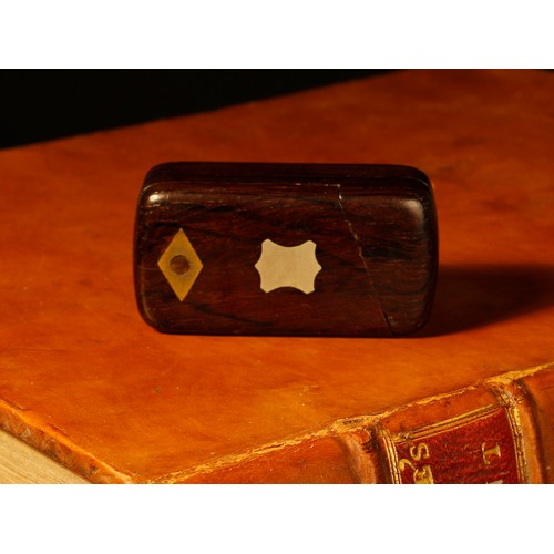 3610 - A 19th century rosewood puzzle snuff box, inlaid with a vacant white metal cartouche, 6cm wide, c.18... 