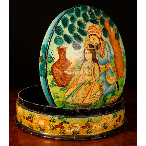 3126 - A North Indian/Persian lacquered papier mache oval box and cover, decorated in polychrome with a cou... 