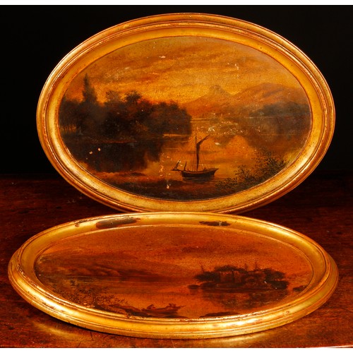 3429 - Interior Decoration - a pair of 19th century pottery oval plaques, each painted with landscapes, mou... 