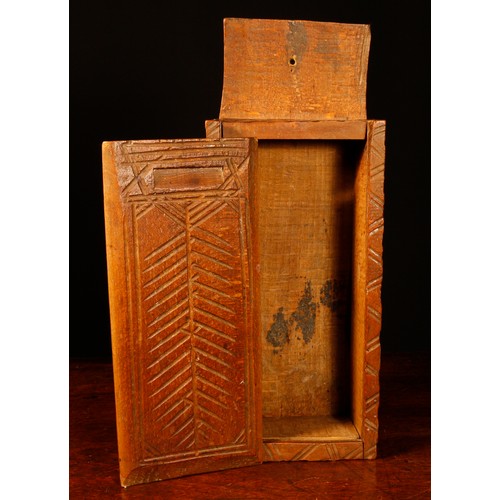 3500 - Treen - a 19th century vernacular beech candle box, chip carved with diapers and a stylised leaf or ... 