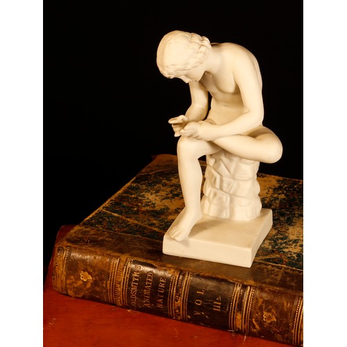 3169 - A parian ware figure, Spinario, after the Antique in the Grand Tour taste, rectangular base, 14cm hi... 