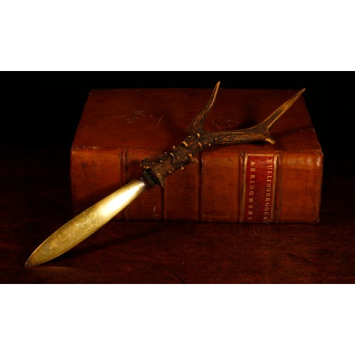 3552 - A 19th century country house letter knife, brass blade, stag antler handle, 35cm long