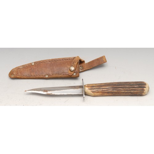 3746 - A bowie type utility or hunting knife, 17cm blade, antler grip, alloy pommel, 29.5cm long overall; o... 