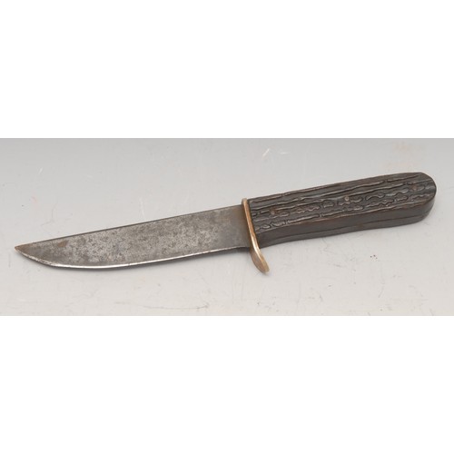 3746 - A bowie type utility or hunting knife, 17cm blade, antler grip, alloy pommel, 29.5cm long overall; o... 