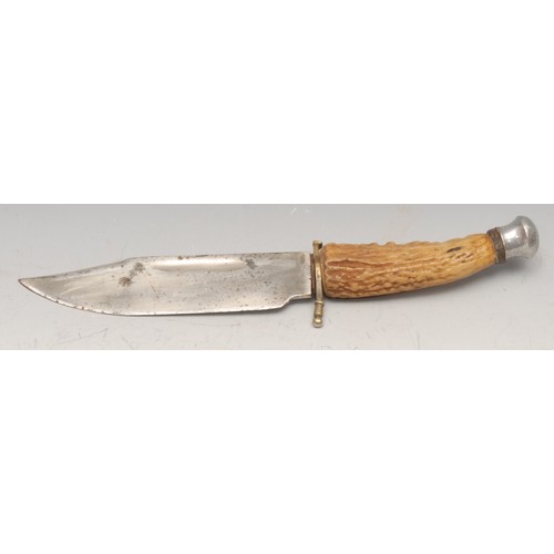 3746 - A bowie type utility or hunting knife, 17cm blade, antler grip, alloy pommel, 29.5cm long overall; o... 