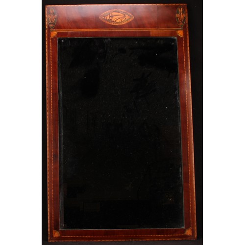 3665 - A 19th century mahogany rectangular looking glass, the frieze inlaid with oval shell patera and Prin... 