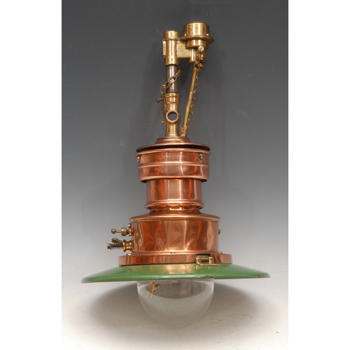 3660 - Railway Interest - an unusual copper, brass and green enamel pendant ceiling gas light fitting, by W... 