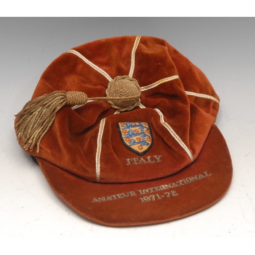 3687 - Football memorabilia - an England vs Italy amateur international 1971-72 burnt umber cap, gilt tasse... 