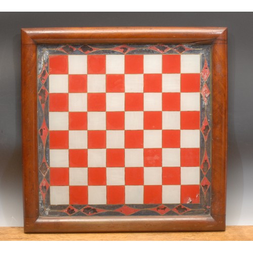 3609 - A 19th century reverse painted chess board, mahogany cushion frame border, 52cm wide, c.1880