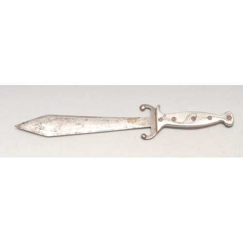 3745 - A bowie type utility or hunting knife, 12.5cm saw-back blade, two-piece grip, 22cm long overall, lea... 