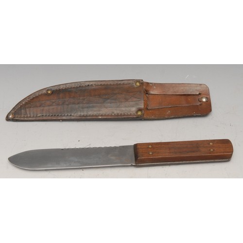 3745 - A bowie type utility or hunting knife, 12.5cm saw-back blade, two-piece grip, 22cm long overall, lea... 