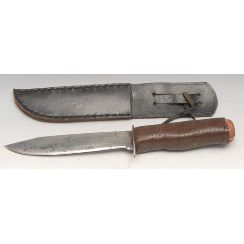 3745 - A bowie type utility or hunting knife, 12.5cm saw-back blade, two-piece grip, 22cm long overall, lea... 