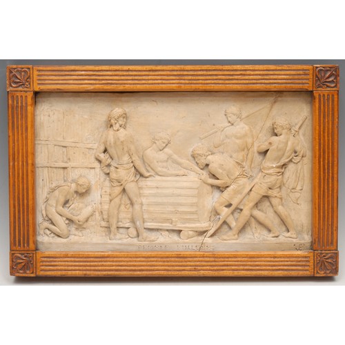 3605 - A 19th century plaster bas relief, in the Grand Tour taste, Temple Builders, the frame 16cm x 28cm, ... 