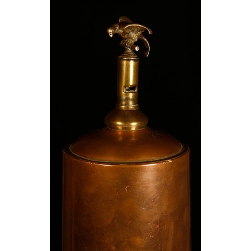 3340 - An unusual 19th century copper and brass whistling samovar or urn, the whistle surmounted by a silve... 