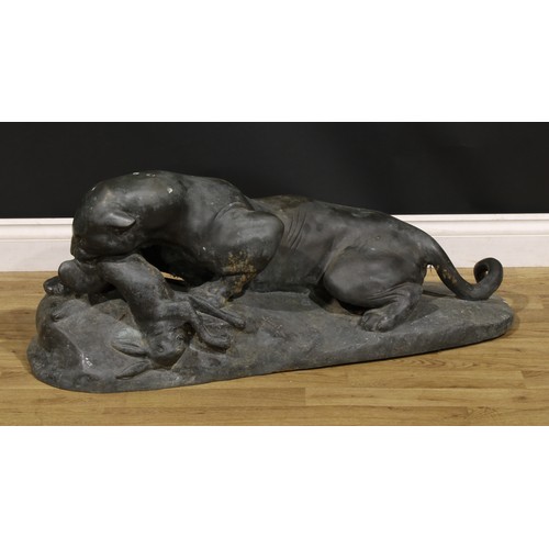 3644 - Continental School, 20th century, a large verdigris patinated bronze, The Kill, 99cm long