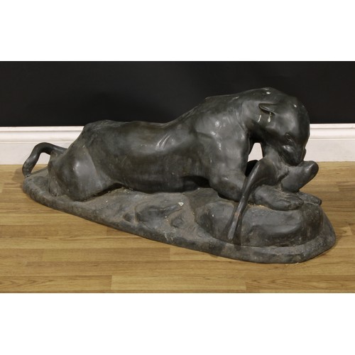 3644 - Continental School, 20th century, a large verdigris patinated bronze, The Kill, 99cm long