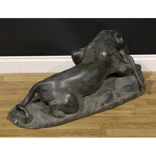 3644 - Continental School, 20th century, a large verdigris patinated bronze, The Kill, 99cm long