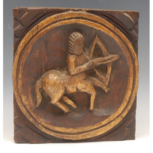 3431 - Interior Decoration - a parcel-gilt square architectural boss or panel, carved in relief with a cent... 