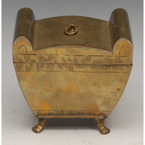 3265 - An early 19th century brass sarcophagus tea caddy, hinged cover with axehead handle, faux bright-cut... 