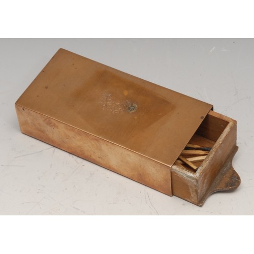 3265 - An early 19th century brass sarcophagus tea caddy, hinged cover with axehead handle, faux bright-cut... 