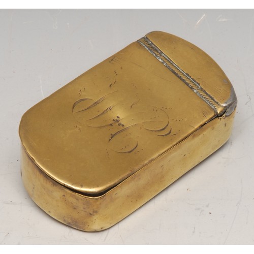 3265 - An early 19th century brass sarcophagus tea caddy, hinged cover with axehead handle, faux bright-cut... 