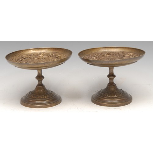3136 - A pair of 19th century French gilt metal tazzas, in the Renaissance Revival taste, 13cm diam, c.1870