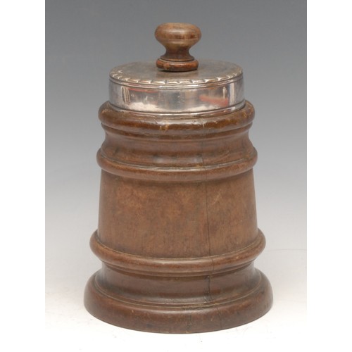 3496 - Treen - a 19th century country house tobacco jar, silver plated weighted cover, 21cm high