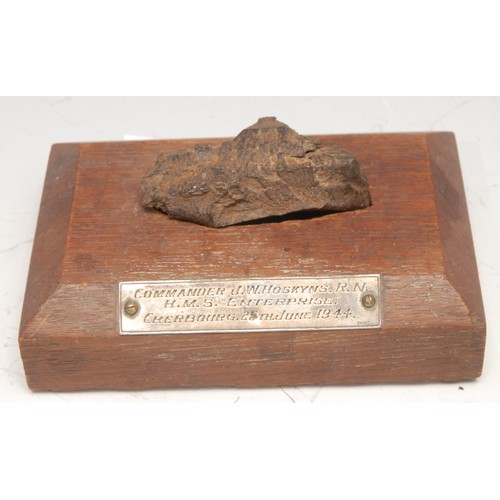 3369 - Curiosities - Military Interest - a World War II period shrapnel fragment, mounted for display as a ... 