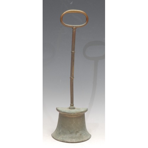 3535 - A 19th century bronze door stop, posted handle, lead-weighted demi-lune base, 36.5cm high