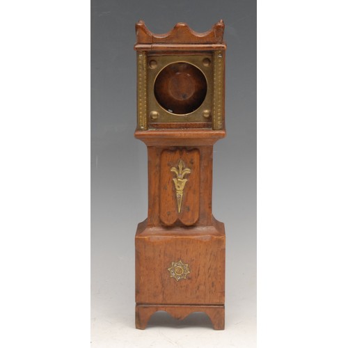 3387 - Folk Art - a 19th century oak novelty pocket watch stand, as a miniature longcase clock, brass fitti... 