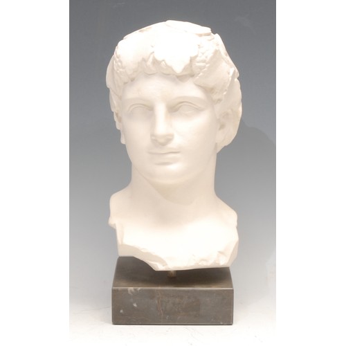 3120 - A museum type plaster facsimile, head of Young Dionysus, after the antique, marble base, 26.5cm high