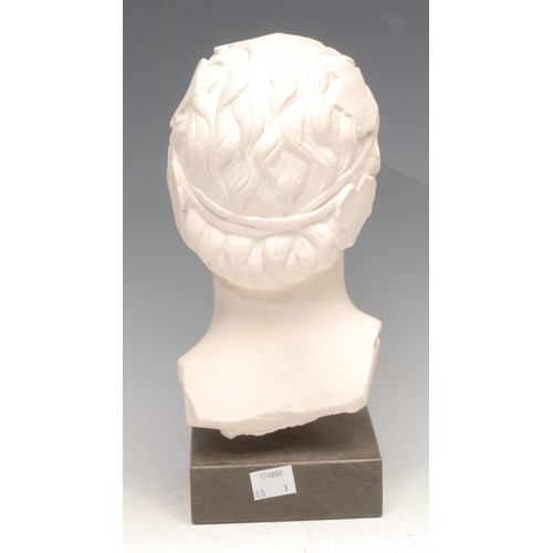 3120 - A museum type plaster facsimile, head of Young Dionysus, after the antique, marble base, 26.5cm high
