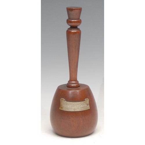 3503 - Treen - a Scottish salvaged timber mallet form gavel, applied with a plaque inscribed Oak from Glasg... 