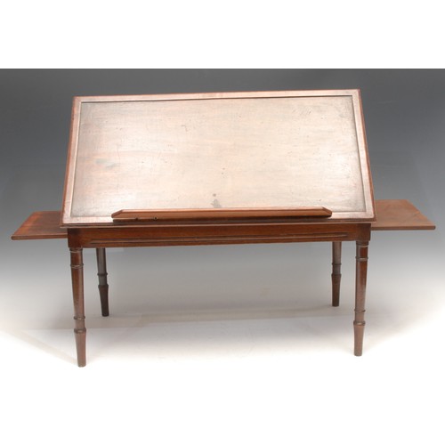 3457 - Miniature Furniture - a George III mahogany architect's table, hinged top adjustable on a ratchet, f... 