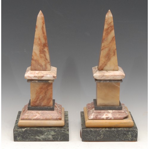 3142 - A pair of 19th century marble and alabaster library obelisks, square verde antico bases, 36cm high, ... 