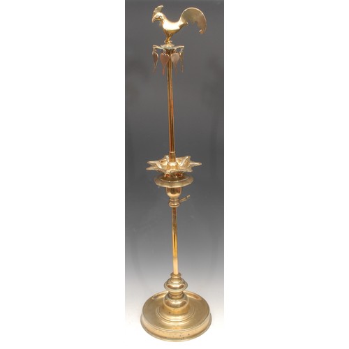3096 - A large Indian brass adjustable puja lamp, cockerel  finial, dished circular base, 93cm high, 19th c... 