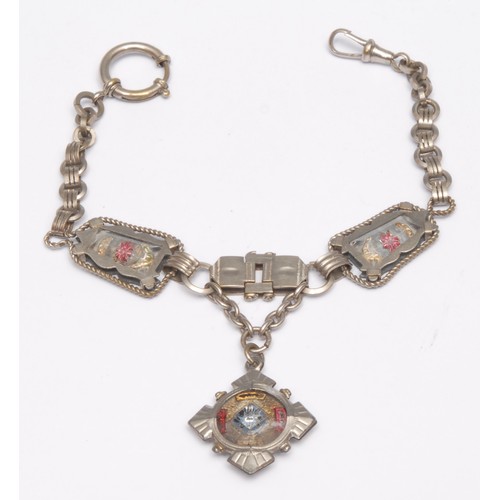 3285 - An early 20th century German silver plated fancy-link Albert chain, attributed to Jakob Bengel, set ... 