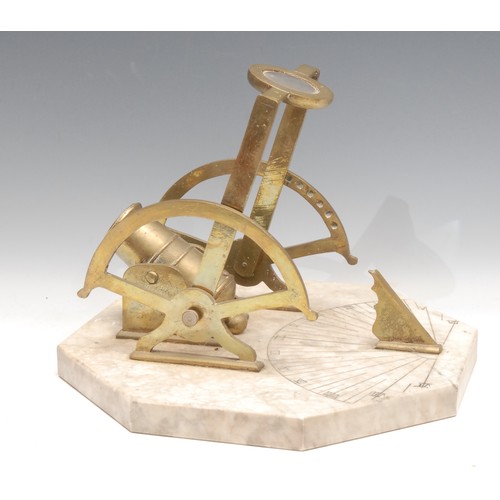 3651 - A marble and brass sundial cannon, mounted on an octagonal white marble base, brass cannon and lens ... 