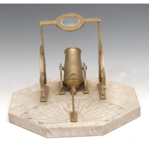 3651 - A marble and brass sundial cannon, mounted on an octagonal white marble base, brass cannon and lens ... 