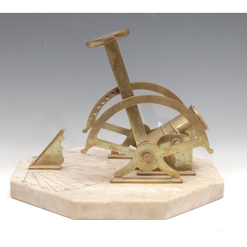 3651 - A marble and brass sundial cannon, mounted on an octagonal white marble base, brass cannon and lens ... 