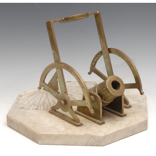 3651 - A marble and brass sundial cannon, mounted on an octagonal white marble base, brass cannon and lens ... 