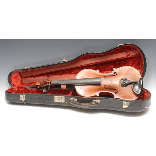 3728 - A violin, the one-piece back 36cm long excluding button, ebonised tuning pegs, outlined throughout w... 