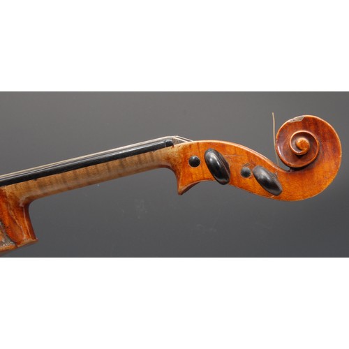 3728 - A violin, the one-piece back 36cm long excluding button, ebonised tuning pegs, outlined throughout w... 