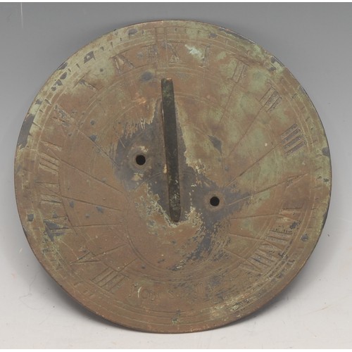 3020 - A bronze circular sundial, Roman numerals, inscribed Hours Fly, 15cm diam, 19th/early 20th century