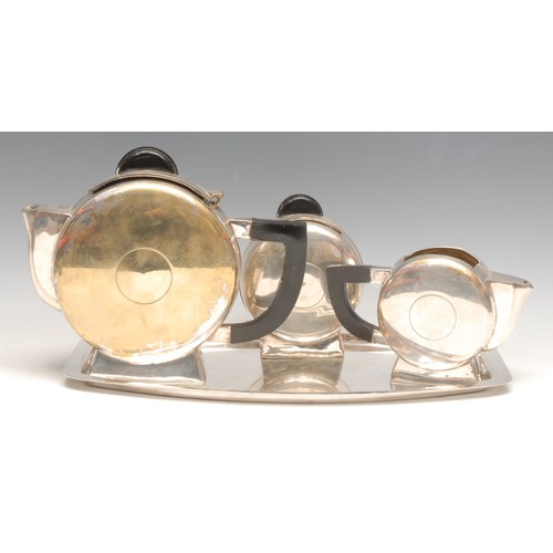 3617 - Art Deco Silver Plated Tea/Coffee Pot, Cream Jug and Sugar Pot. No makers marks. Plus a later tray b... 