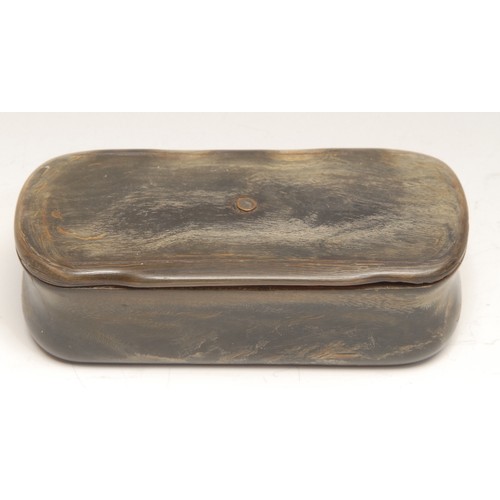 3686 - An 18th century rounded rectangular horn snuff box, hinged cover, 10cm wide; a 19th century papier m... 