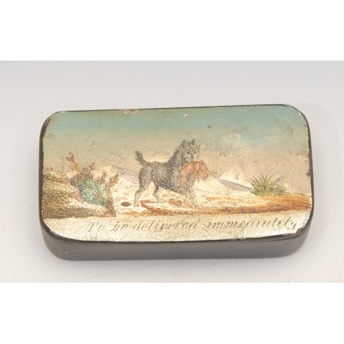 3686 - An 18th century rounded rectangular horn snuff box, hinged cover, 10cm wide; a 19th century papier m... 