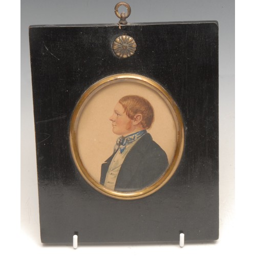 4098 - English School (19th century), a portrait miniature, of a gentleman, wearing a blue stock, half-leng... 